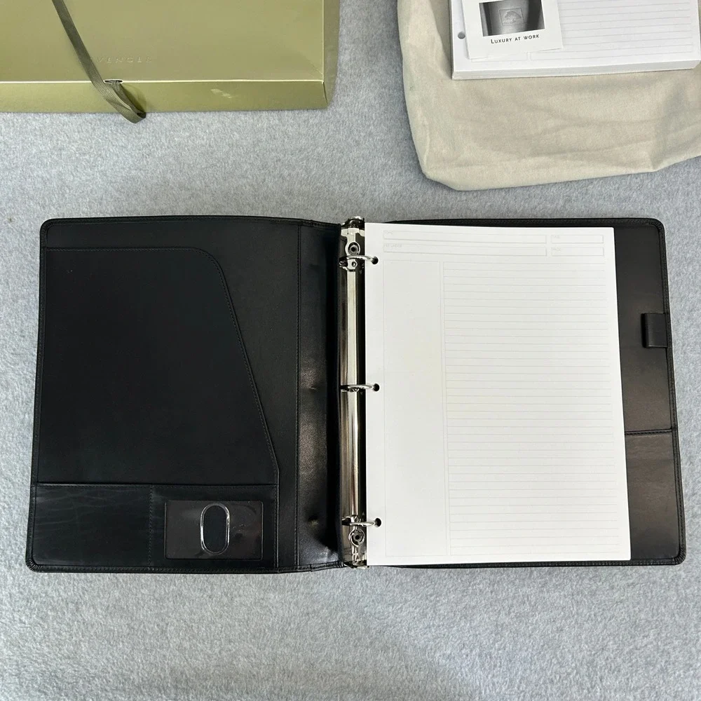 Levenger Leather 3-Ring Binder Organizer Black Refill Paper Box Dust Bag Large